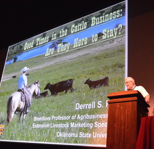 Dr. Derrell Peel, Oklahoma State University livestock marketing economist, discusses the cattle market during the general session of the Texas A&M Beef Cattle Short Course. (Texas A&M AgriLife Extension Service photo by Blair Fannin) 