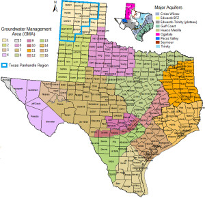 The Texas A&M AgriLife Research study utilized information and boundaries identified by the Texas Water Development Board. This map depicts both GMAs and the smaller inset identifies aquifers. (Texas A&M AgriLife Research graphic)